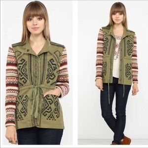Flying Tomato olive green jacket with Aztec print & sweater sleeves Size Small